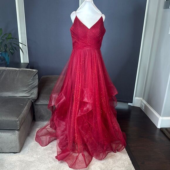 Women’s Glamour Red Prom Gown Sparkling Details Size 12 Zip Back **READ Flaws - Picture 1 of 15